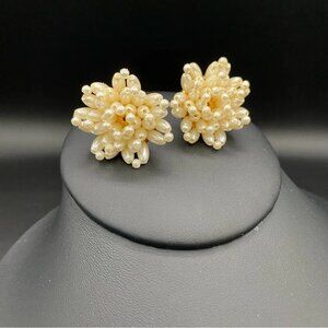 Vintage Cluster Earrings with Faux Pearl Beads in a Flower Design - pierced